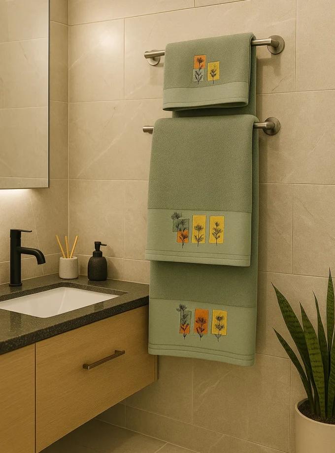 Πετσέτες μπάνιου σε φυστικί πράσινο με κέντημα