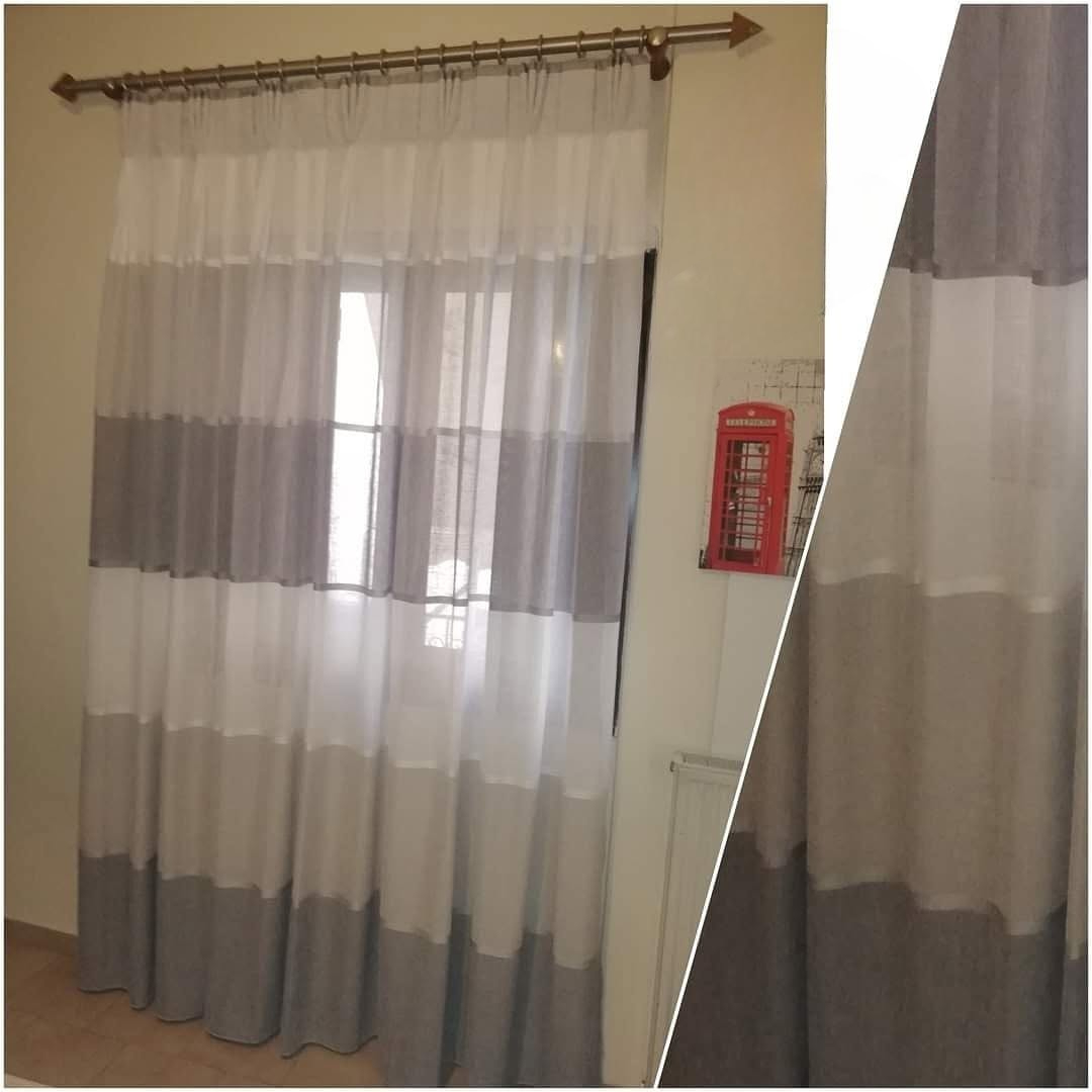 Διάφανη κουρτίνα με γκρι και λευκές ρίγες